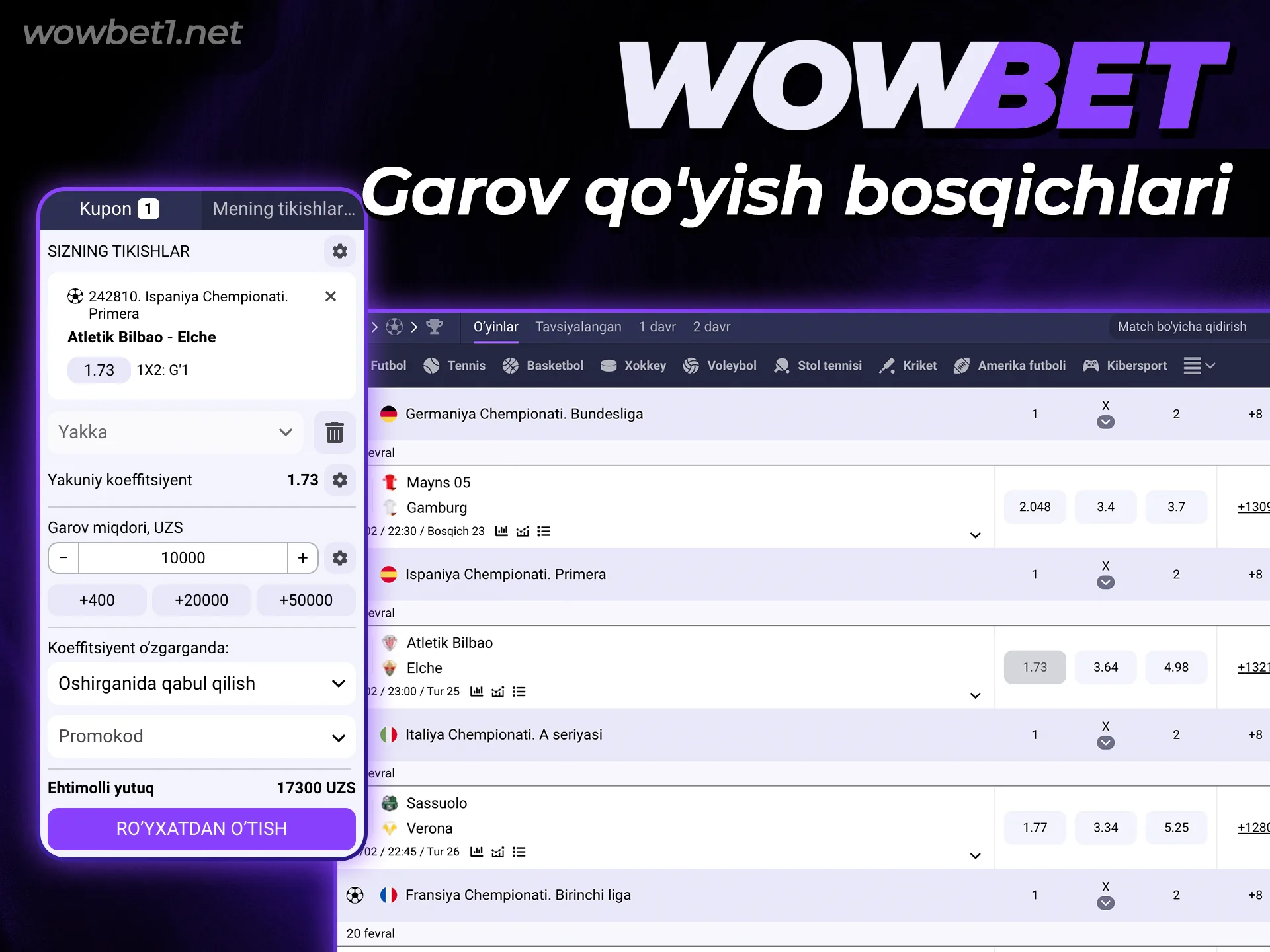 Wowbet saytida sport musobaqalariga qanday qilib birinchi tikishni amalga oshirishni biling.