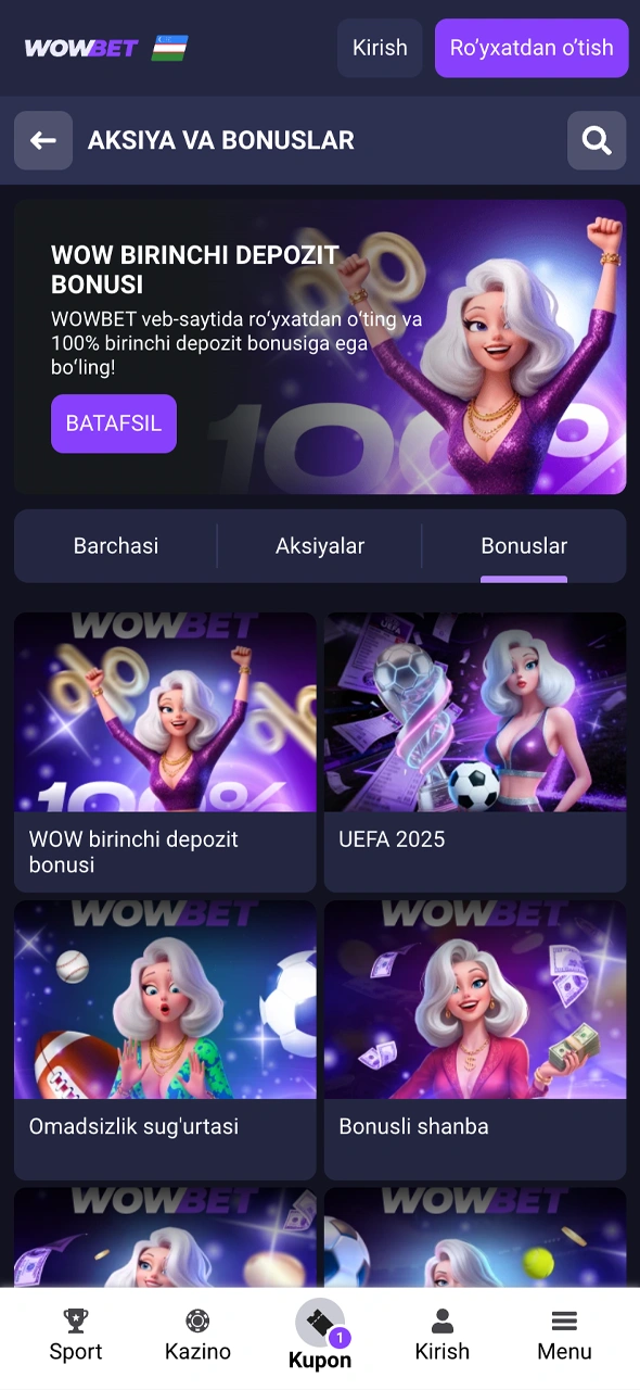 Wowbet bonuslar interfeysi bilan tanishing va aksiyalarda qatnashing.