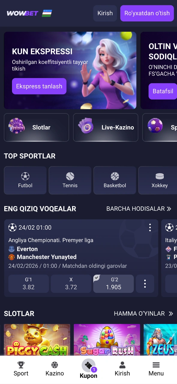 Wowbet bosh sahifasi interfeysini ko'ring va o'yinlarni boshlang.
