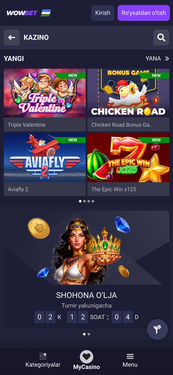 Wowbet kazino interfeysini o'rganing va slotlarni sinab ko'ring.