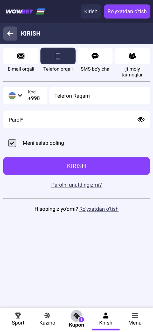 Wowbet kirish interfeysi orqali shaxsiy hisobingizga kiring.