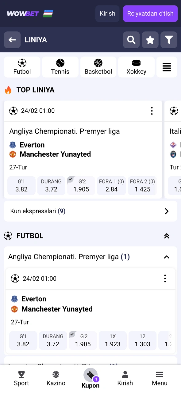 Wowbet sport interfeysini ko'zdan kechiring va garovlar tiking.