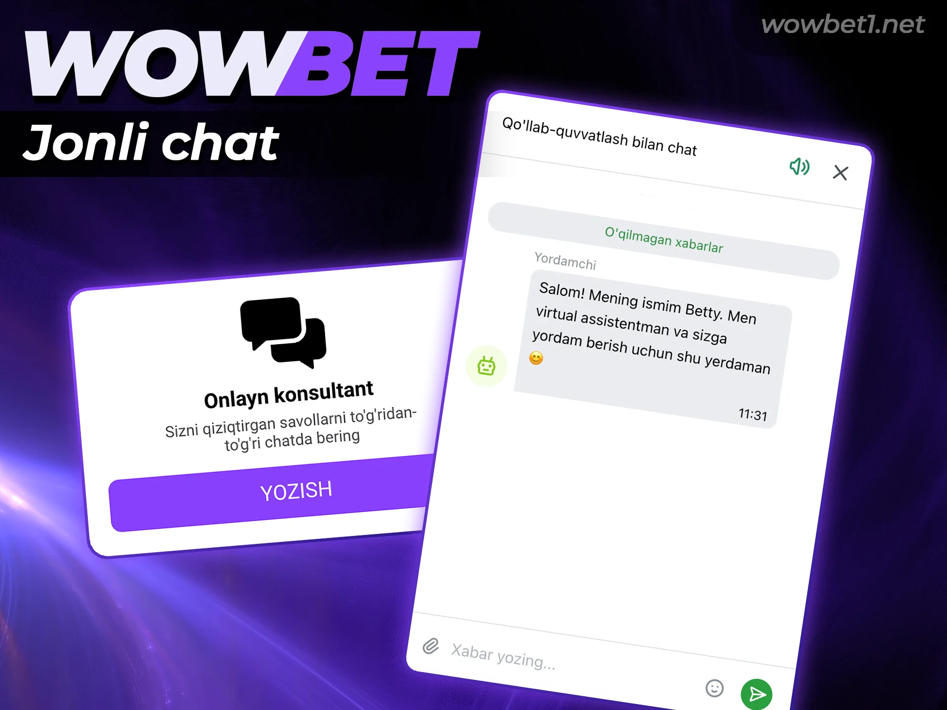 Wowbet jonli chat xizmati orqali barcha savollaringizga javob oling.
