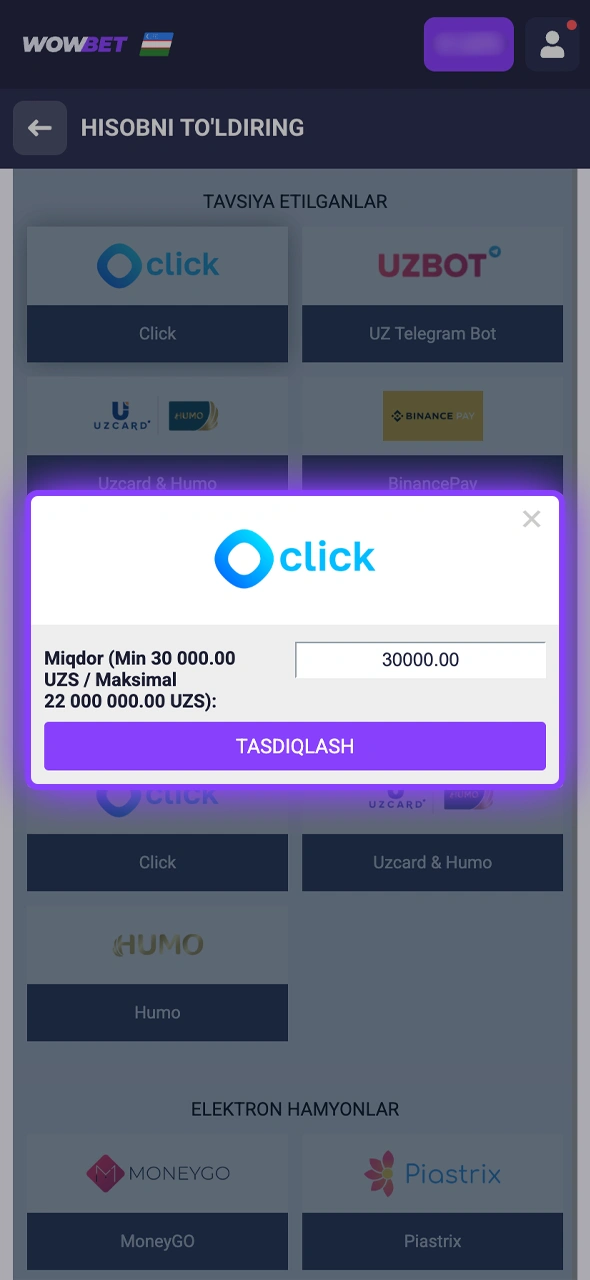 Wowbet Uzbekistan saytida depozit qo'ying va o'yin hisobingizni to'ldiring.