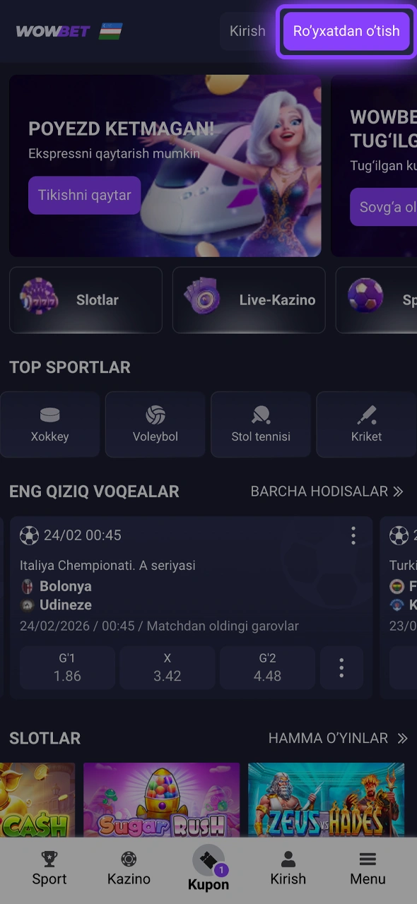 Wowbet Uzbekistan saytida ro'yxatdan o'tish tugmasini bosing va hisobingizni oching.