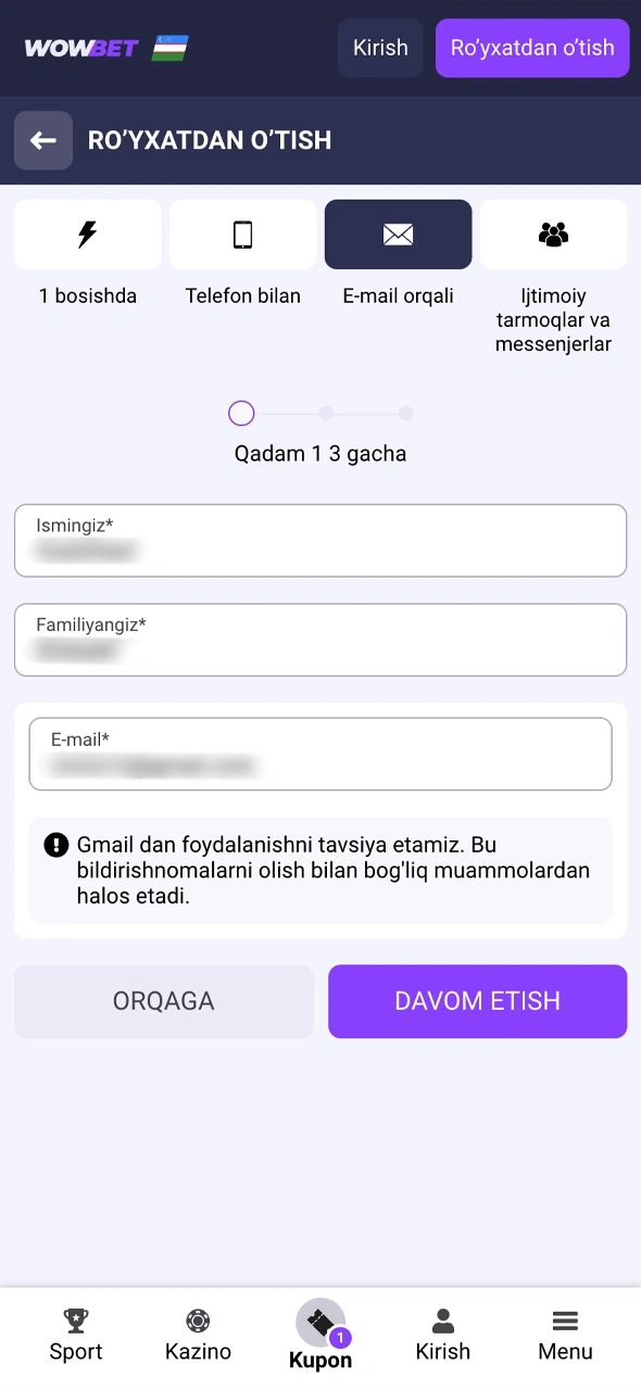 Wowbet Uzbekistan saytida shaklni to'ldiring va shaxsiy ma'lumotlaringizni kiriting.