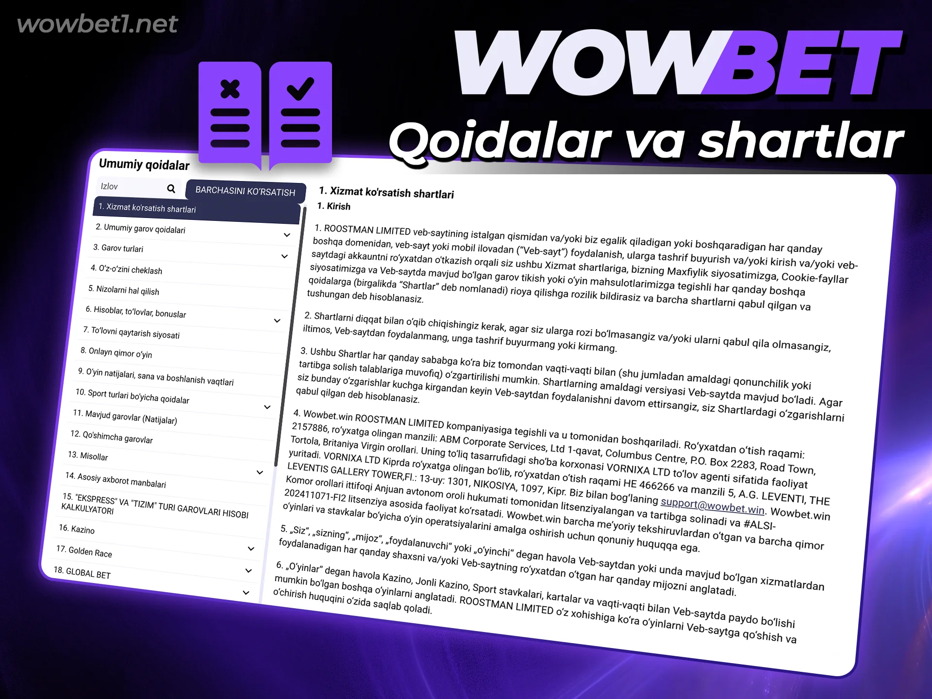 Wowbet platformasidan foydalanishning umumiy qoidalari va shartlarini o'rganing.