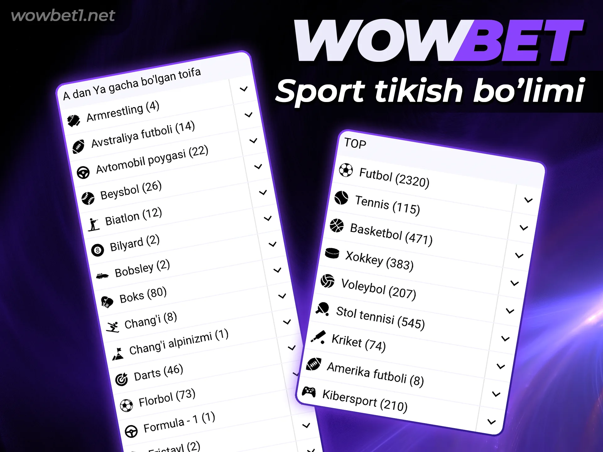 Wowbet sport bo'limida o'zingizga yoqqan sport turlariga garov tiking.