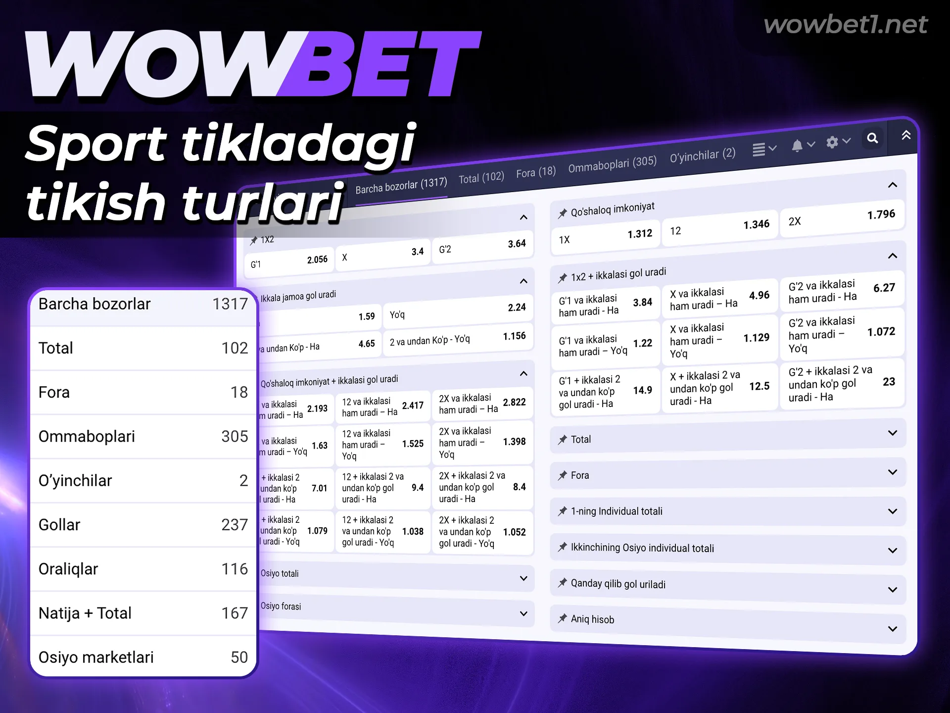 Wowbet platformasida mavjud bo'lgan turli sport tikish turlari bilan tanishib chiqing.
