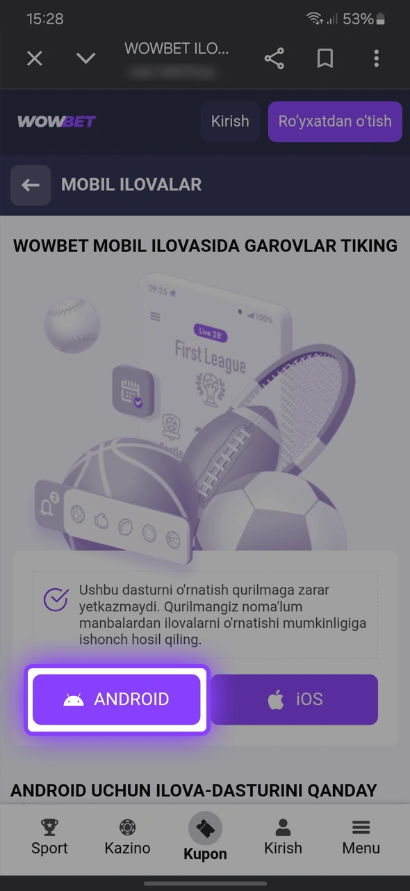 Wowbet App APK faylini Android qurilmangizga yuklab oling.