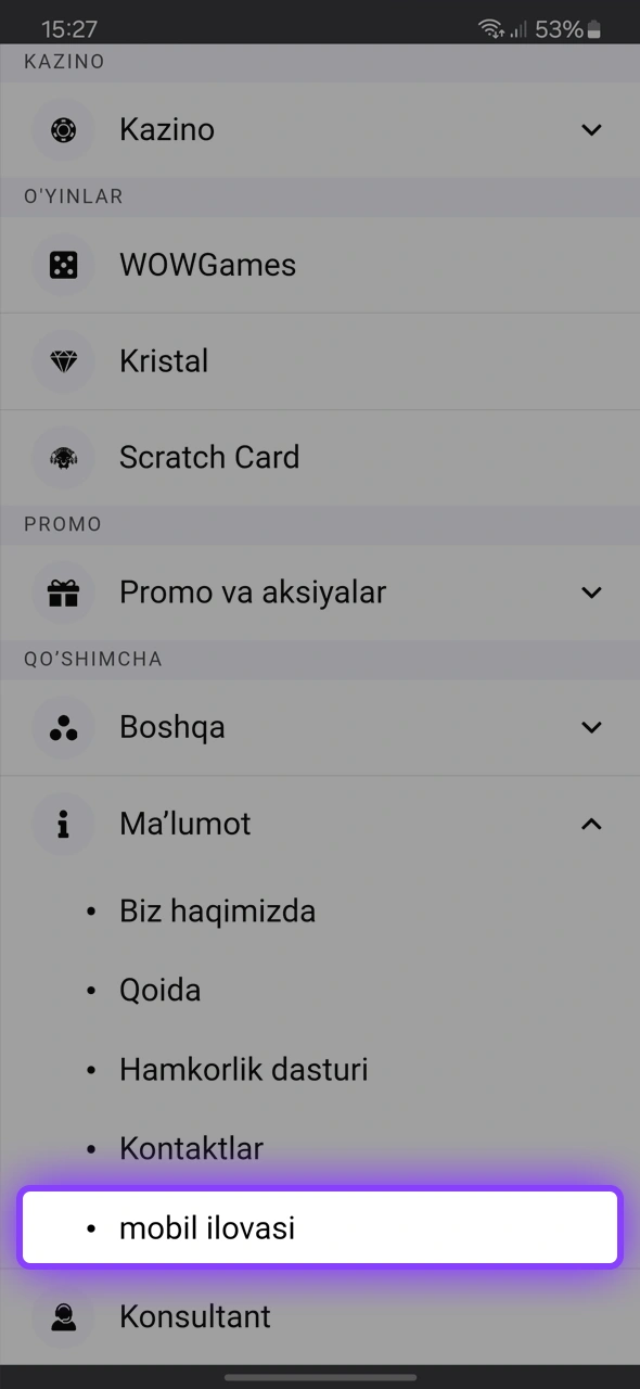 Wowbet App bo'limida ilova tugmasini bosing va yuklashni boshlang.