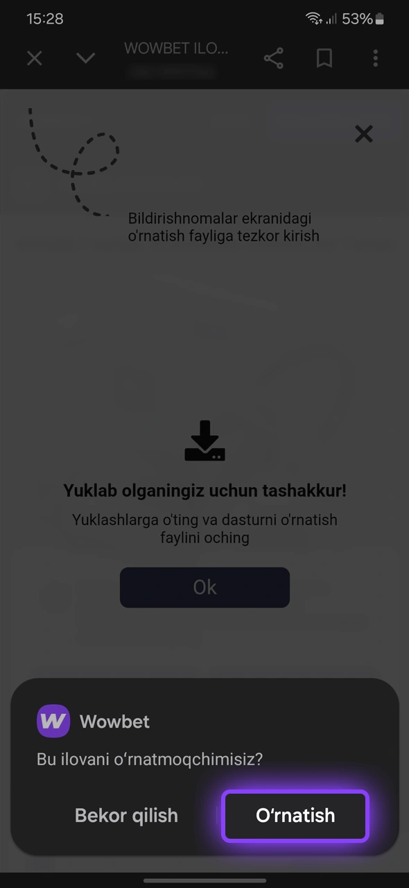 Wowbet App ilovasini smartfoningizga o'rnating va o'yinlardan zavqlaning.