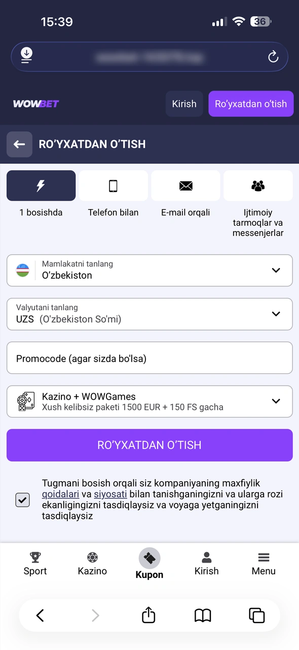 iOS telefoningizda Wowbet App hisobiga kiring yoki ro'yxatdan o'ting.