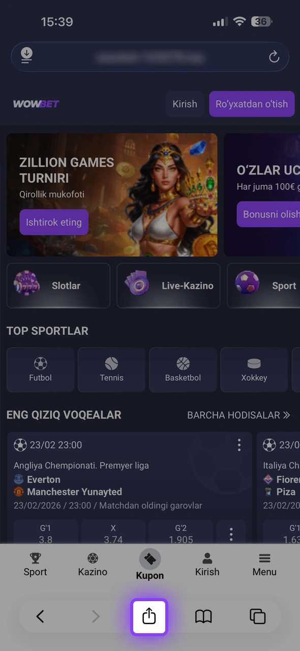 iOS tizimida Wowbet App o'rnatish uchun ulashish tugmasidan foydalaning.