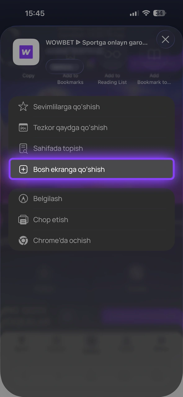 iOS ekranida Wowbet App belgisini uy ekraniga qo'shish funksiyasini tanlang.