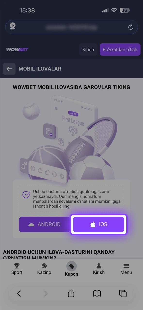 iOS qurilmangizga Wowbet App ilovasini yuklab olish uchun tugmani bosing.