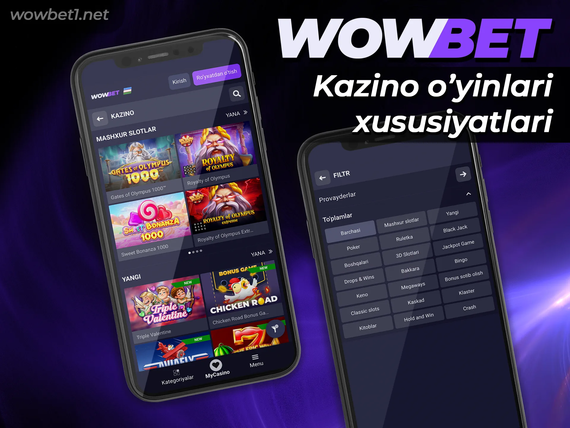 Ilovadagi Wowbet kazino o’yinlari xususiyatlari va slotlarini sinab ko’ring.