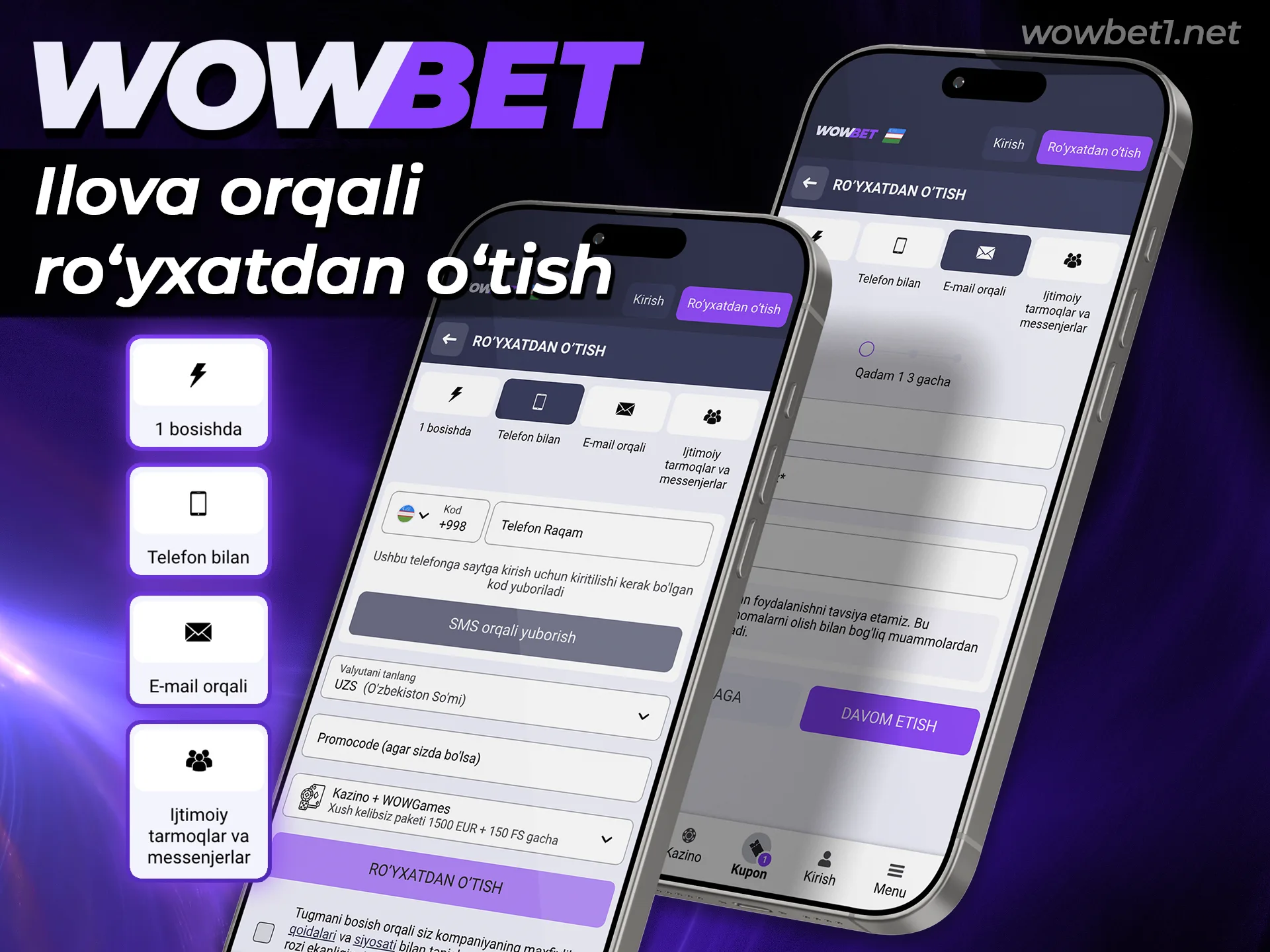Ilova orqali Wowbet ro'yxatdan o'tish jarayonini tezda yakunlang.