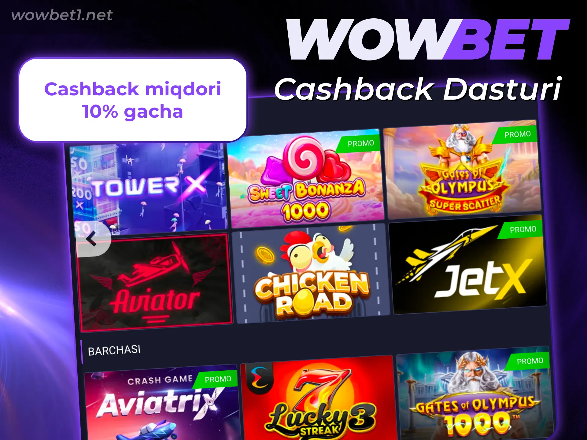 Yo'qotilgan mablag'larni Wowbet Bonuslari kazino cashback dasturi orqali qaytarib oling.