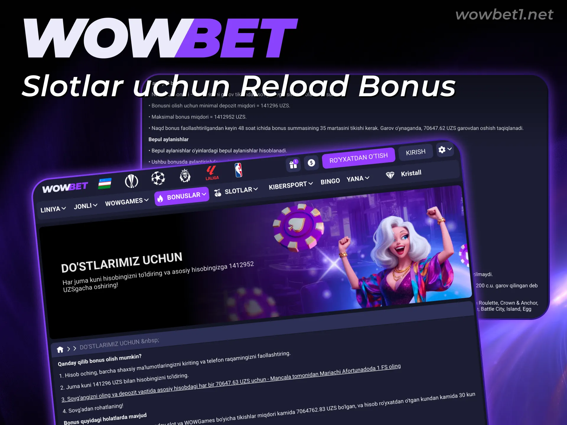 Slot o'yinlari uchun Wowbet Bonuslari reload taklifini hoziroq qo'lga kiriting.