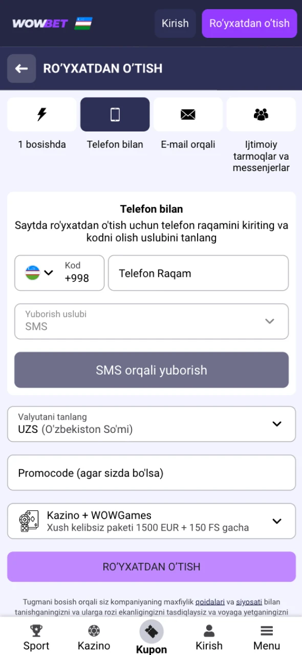 Bonus olishni boshlash uchun Wowbet Bonuslari sahifasida tezda roʻyxatdan oʻting.