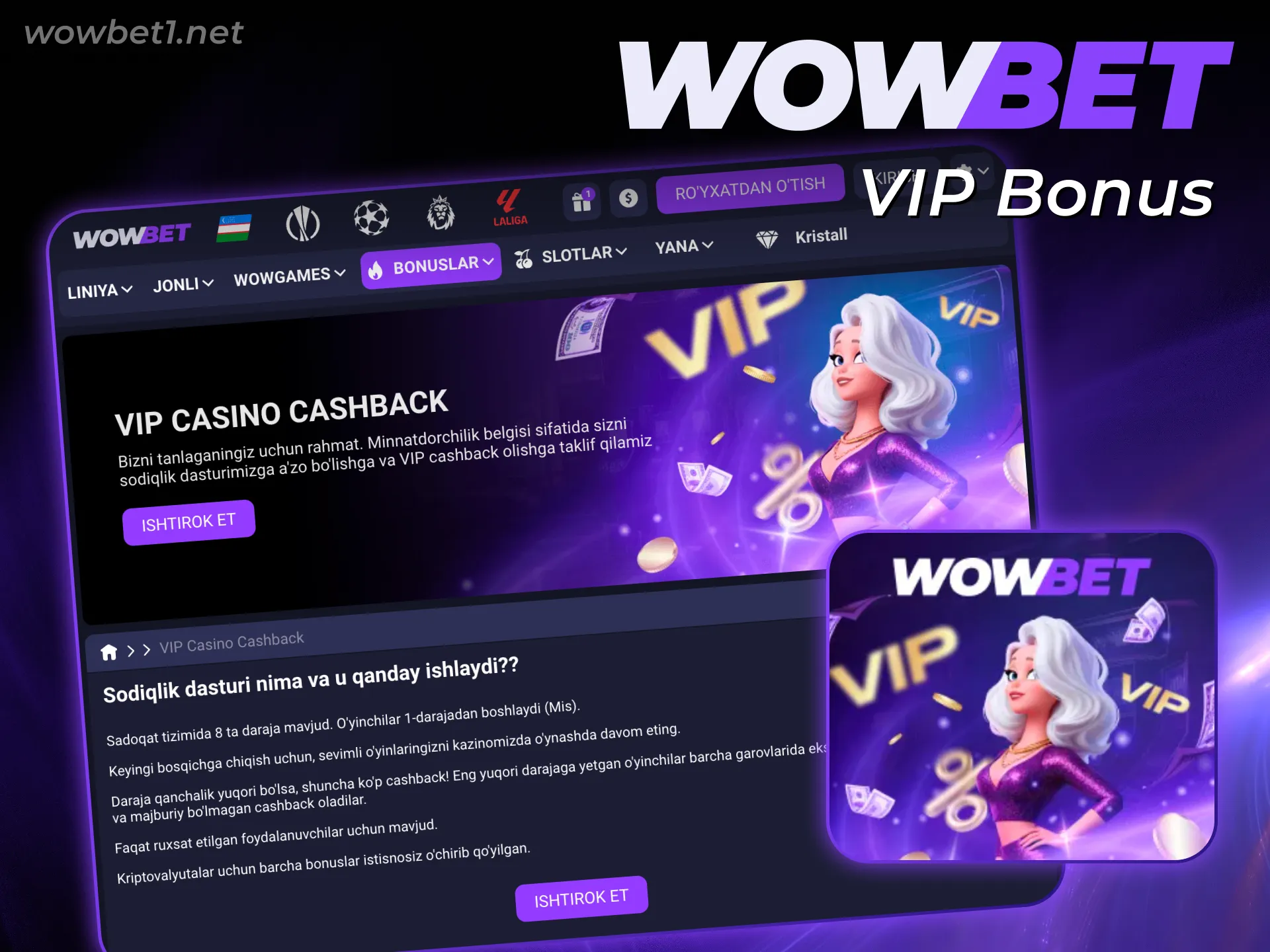 Maxsus VIP imtiyozlarga ega bo'lish uchun Wowbet Bonuslari sodiqlik dasturiga qo'shiling.