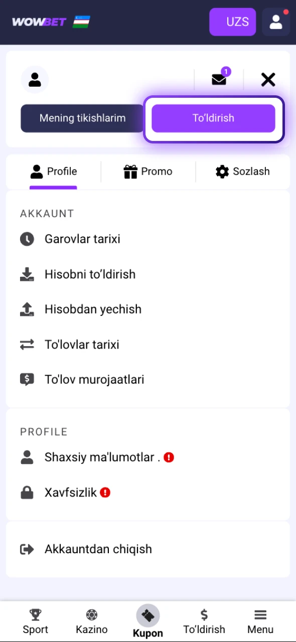 Oʻzbekistonda shaxsiy hisobingizni toʻldiring va Wowbet Bonuslari balansini faollashtiring.