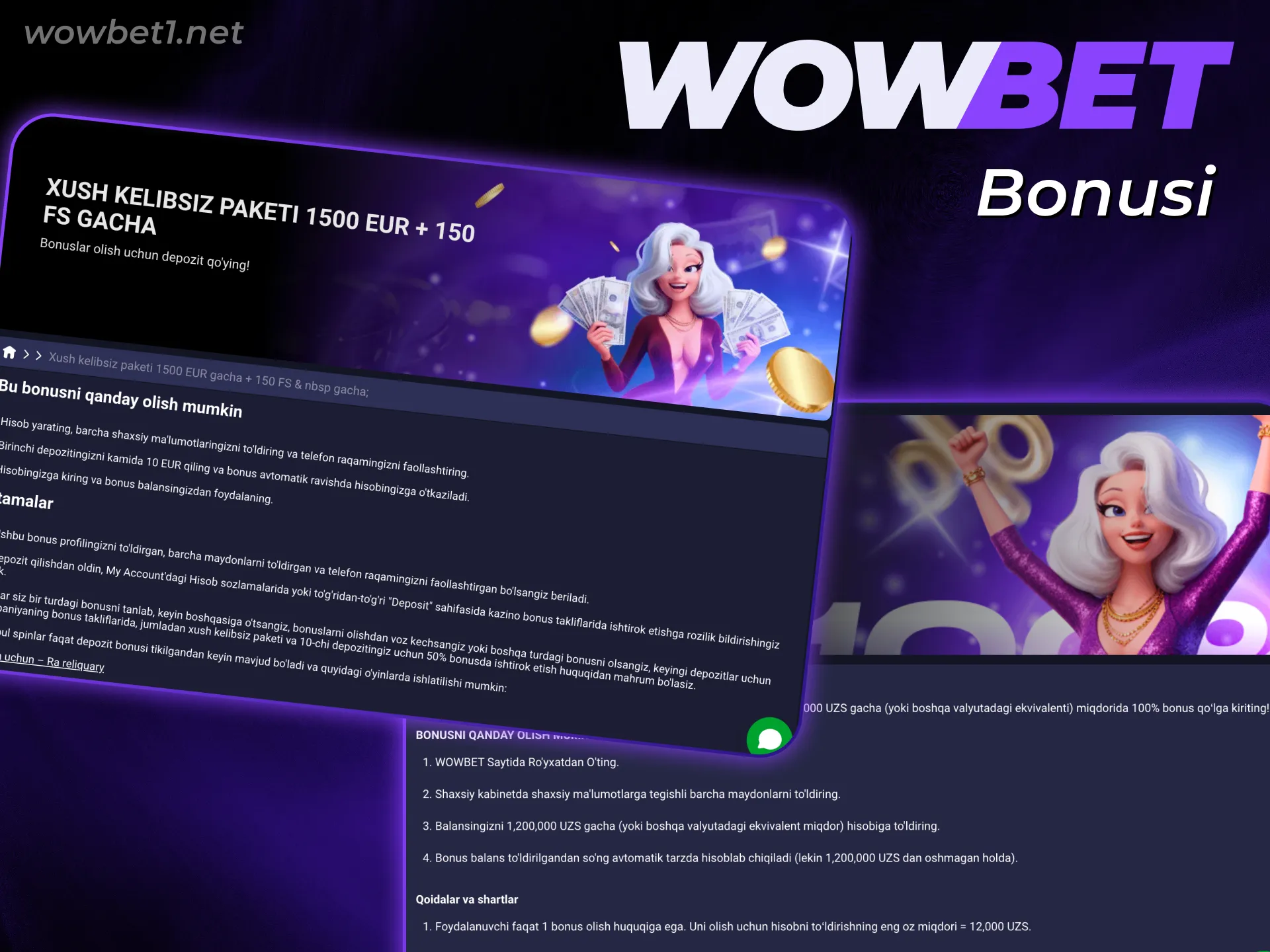 Birinchi Wowbet Depozit amali uchun beriladigan saxovatli bonusni qo'lga kiriting.