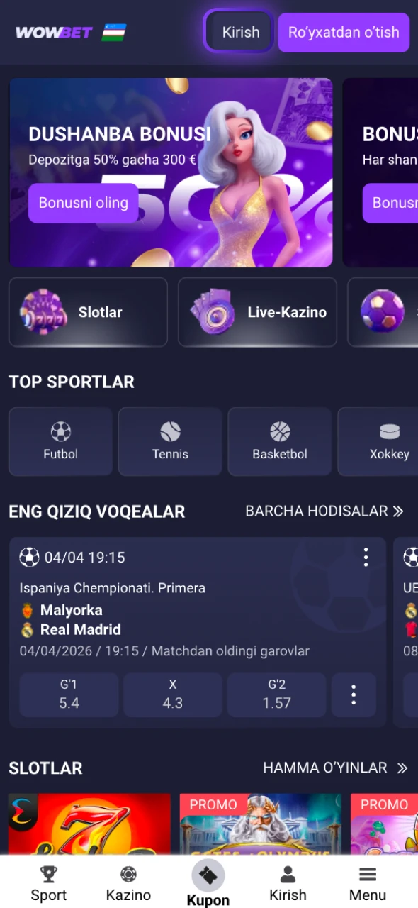 Shaxsiy profilga kirib Wowbet Depozit O'zbekiston amaliyotini muvaffaqiyatli amalga oshiring.