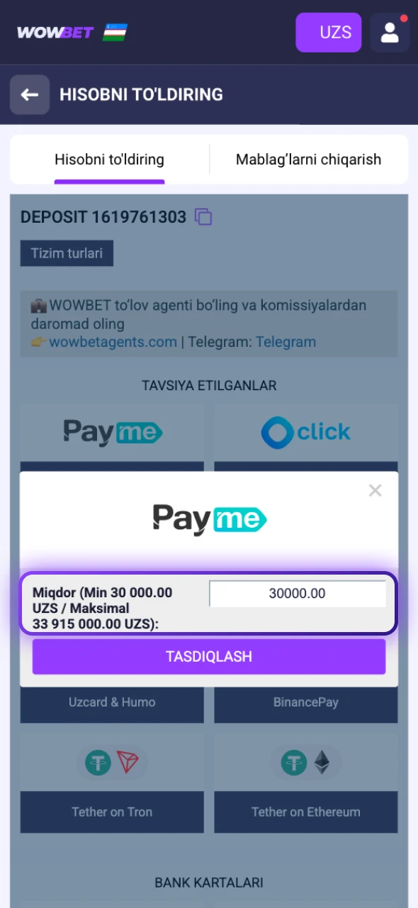 Kerakli summa va ma'lumotlarni kiritib Wowbet Depozit O'zbekiston balansini to'ldiring.