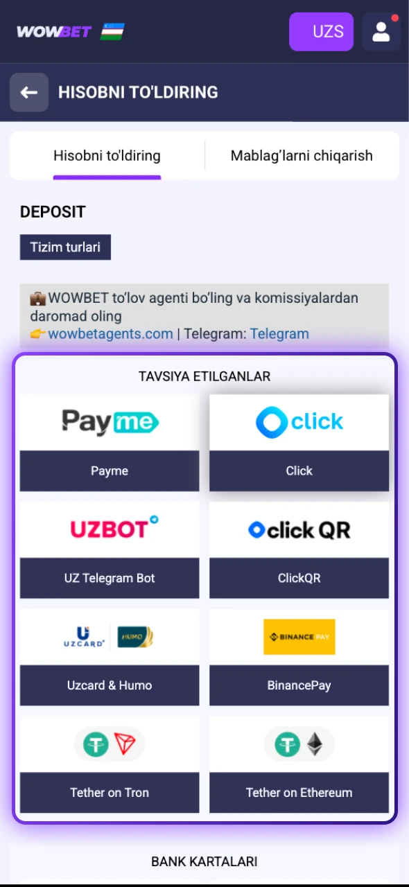 O'zingizga qulay Wowbet Depozit O'zbekiston to'lov usulini darhol tanlab oling.