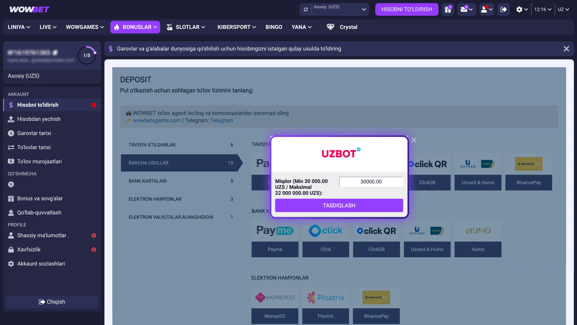 O'yinni boshlash uchun Wowbet E-Sports balansini qulay usulda to'ldiring.