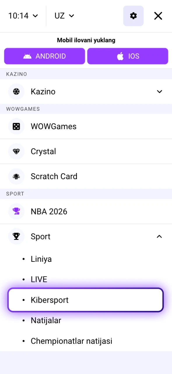 Mobil dastur menyusidan Wowbet E-Sports bo'limini oching va turnirlarni tanlang.