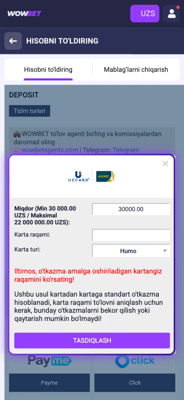Ilova ichida Wowbet E-Sports balansini to'ldiring va o'yinlarga tayyor bo'ling.