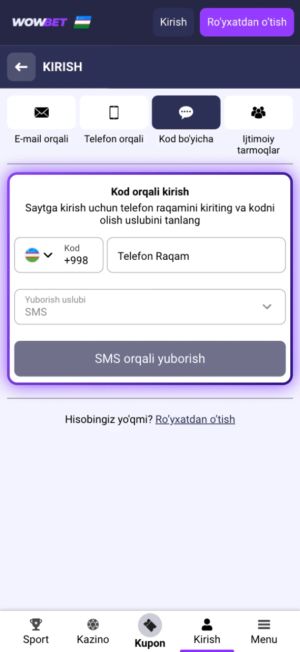 Shaxsiy profil ma'lumotlaringizdan foydalanib Wowbet E-Sports mobil ilovasiga kiring.