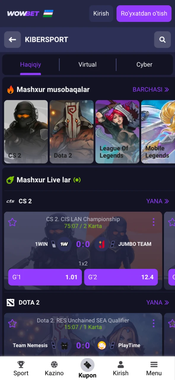 Tanlangan kiber o'yinga Wowbet E-Sports ilovasi orqali garovni darhol joylashtiring.