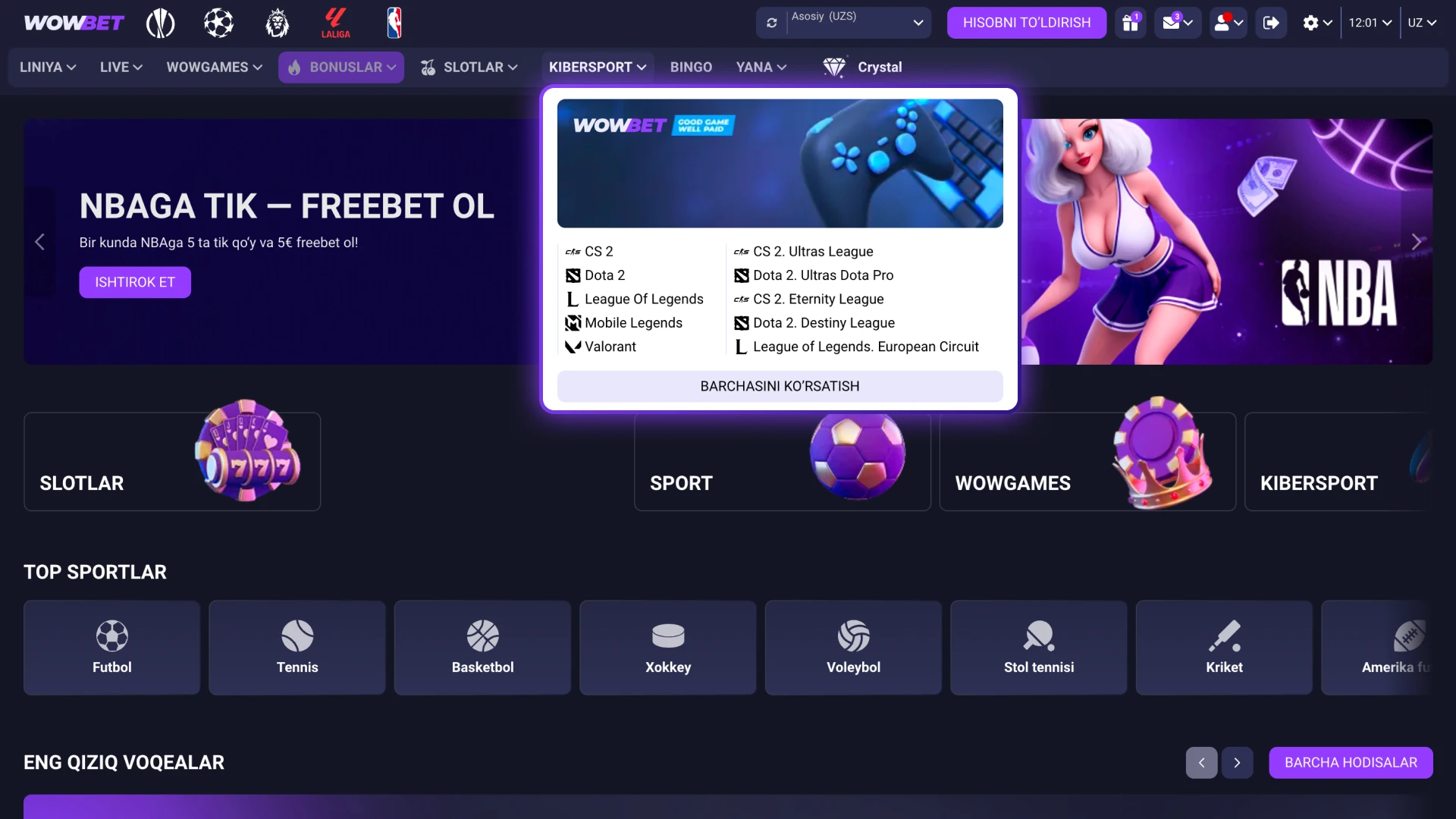 Asosiy menyu orqali Wowbet E-Sports bo'limiga o'ting va o'yinlarni tanlang.