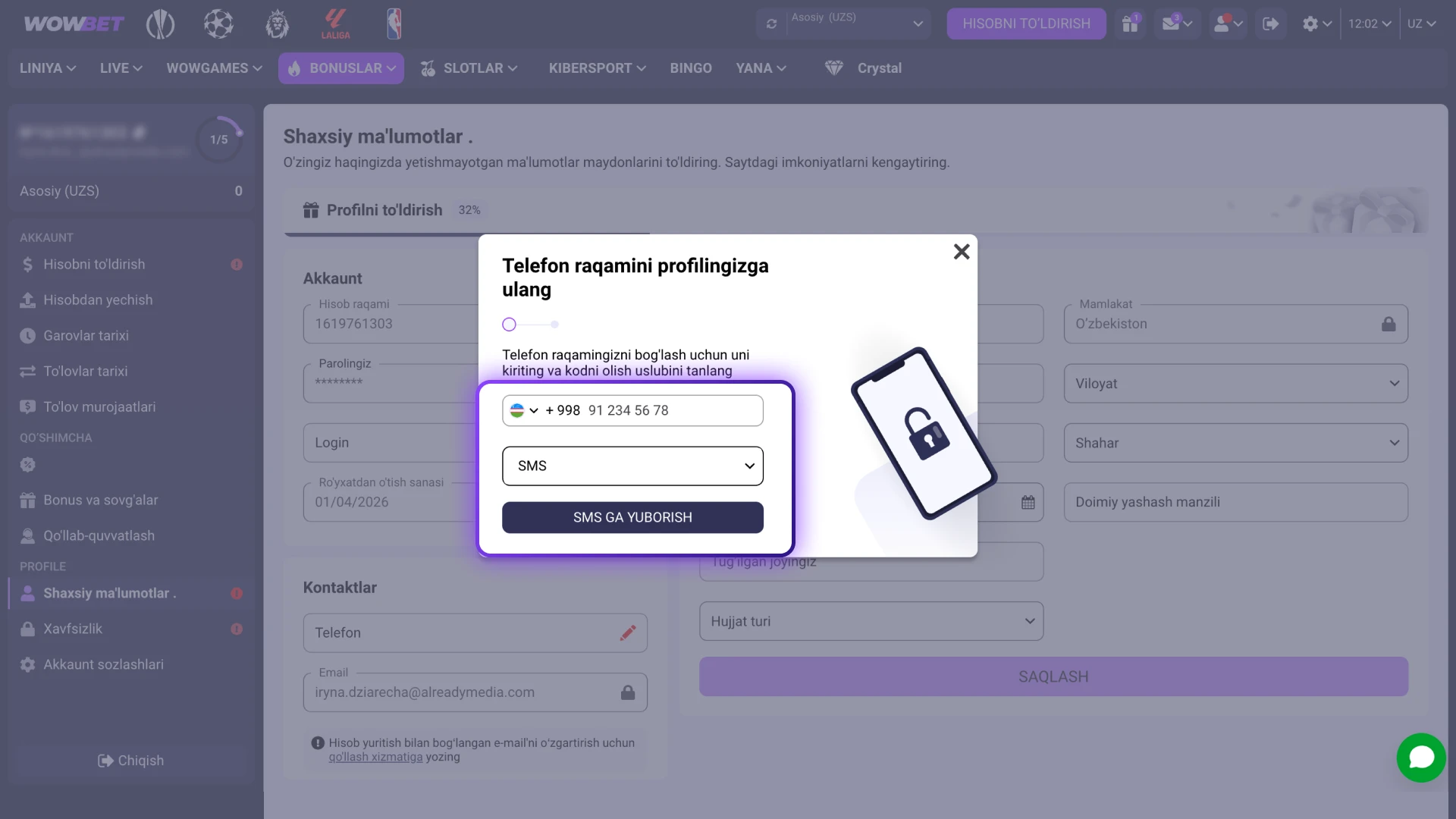 Xavfsiz tikish uchun Wowbet E-Sports shaxsiy hisobingizni tezda tasdiqlang.