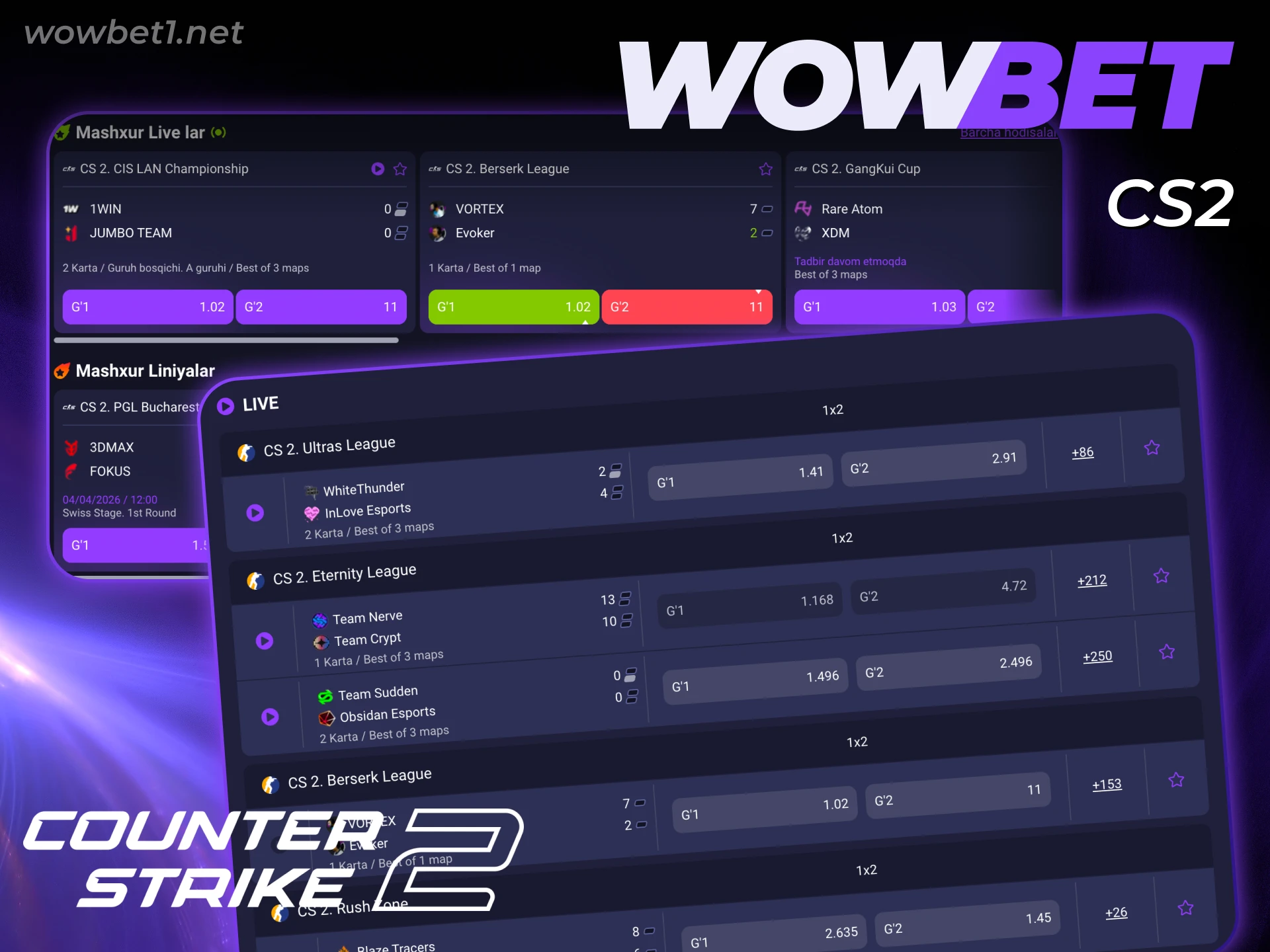 Wowbet E-Sports bo'limida CS2 (CS:GO) turnirlarini kuzatib boring va stavka qiling.