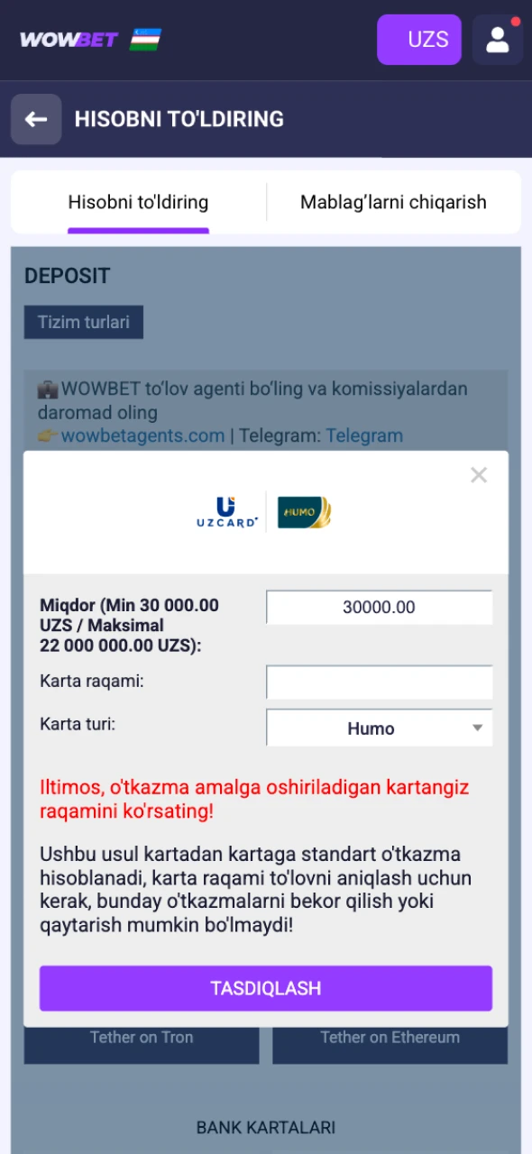 Wowbet Ro’yxatdan O’tish hisobingizni to'ldiring va bonus mablag'larini qabul qiling.