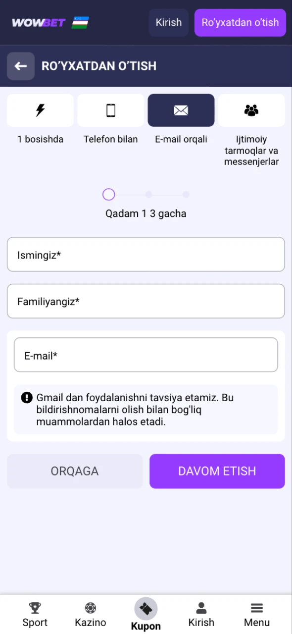 Bonus olish uchun Wowbet Ro’yxatdan O’tish jarayonidan muvaffaqiyatli o'ting.