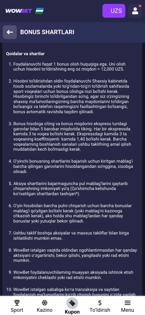 Wowbet Ro’yxatdan O’tish bonus yutuqlarini olish uchun wager shartlarini bajaring.