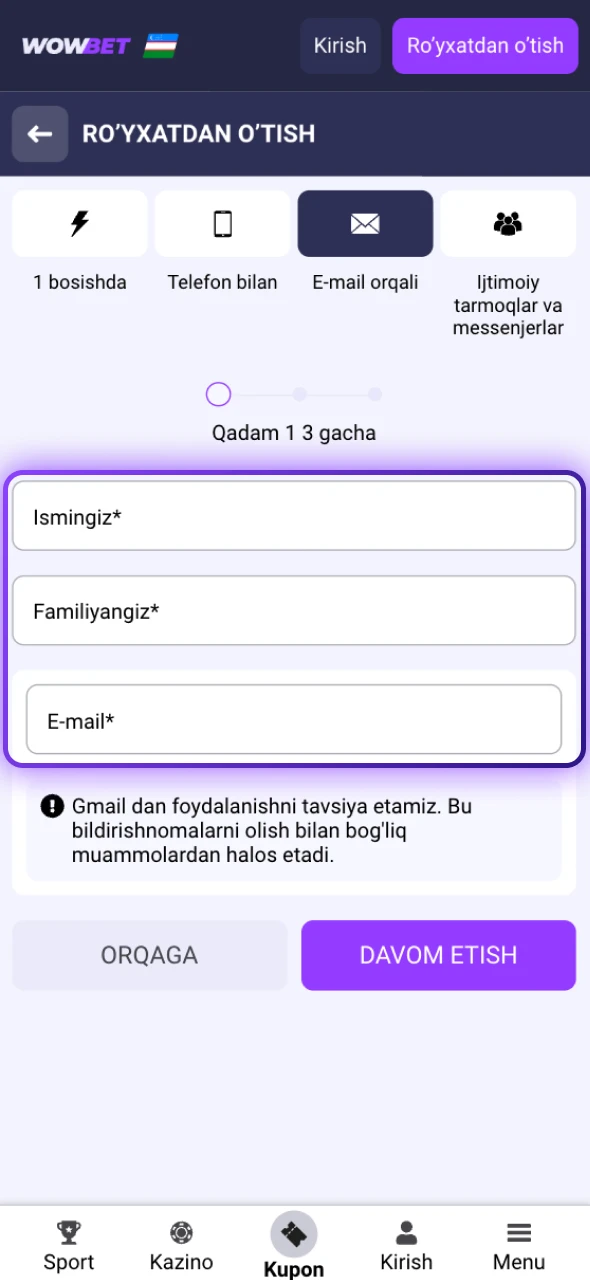 Mobil ilova formalarida Wowbet Ro’yxatdan O’tish uchun ma'lumotlarni to'ldiring.