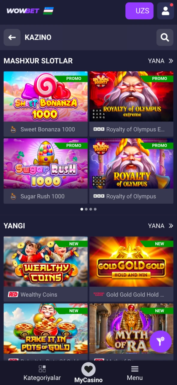O'zingizga yoqqan o'yinni tanlang va Wowbet Slotlari barabanlarini aylantirishni boshlang.