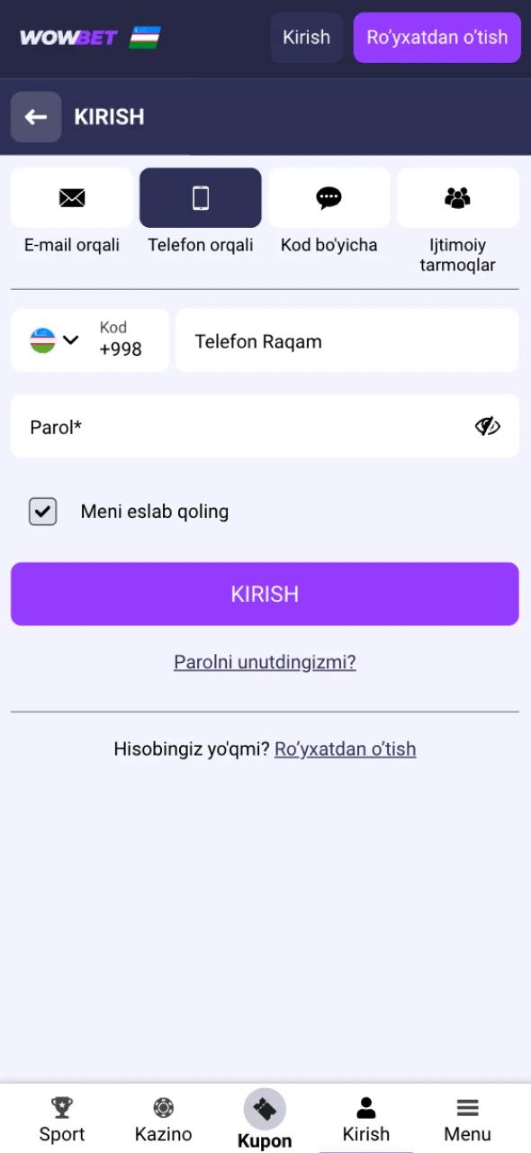 Shaxsiy profilga kiring va Wowbet Slotlari dunyosiga kirish imkoniga ega bo'ling.