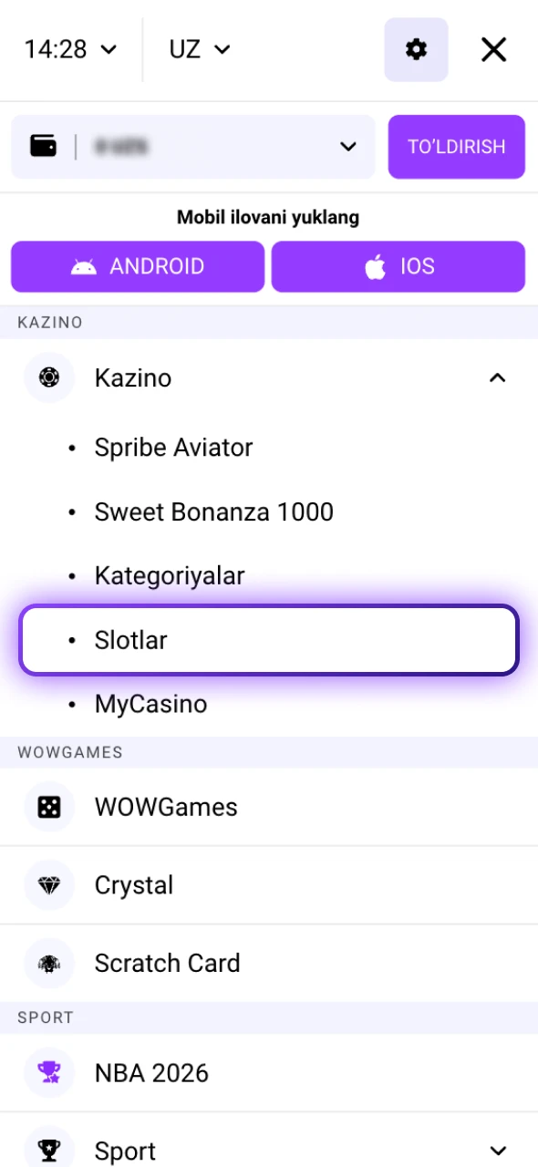 Asosiy menyudan Wowbet Slotlari bo'limiga o'ting va barcha o'yinlarni ko'ring.