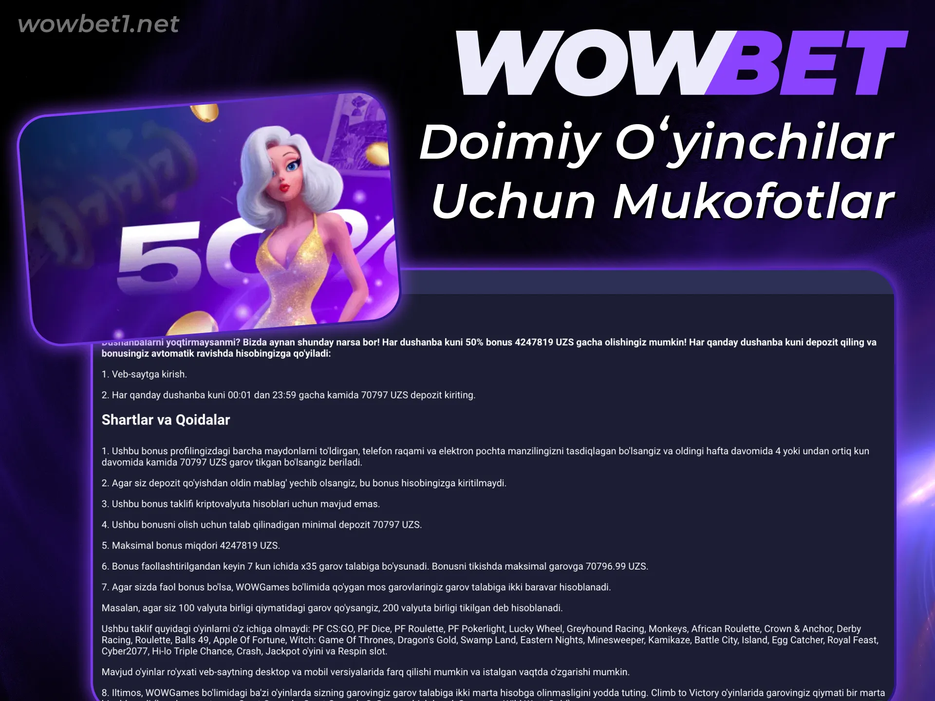 Doimiy foydalanuvchilar uchun taqdim etiladigan Wowbet Slotlari maxsus mukofotlarini qoʻlga kiriting.