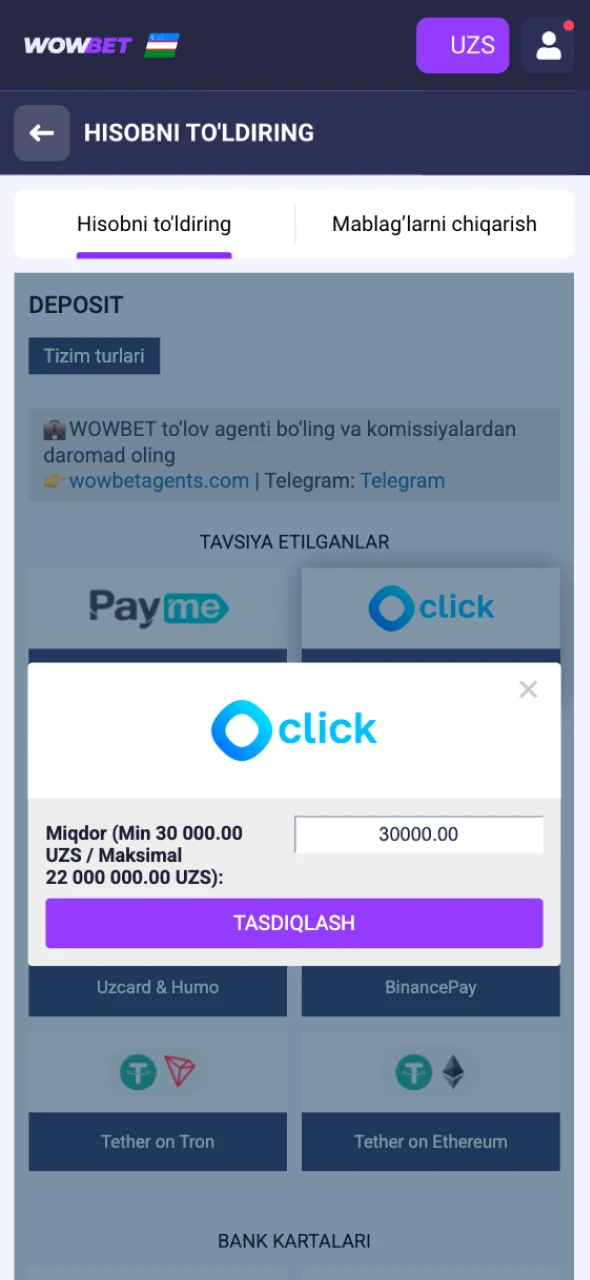 O'yin hisobingizni to'ldiring va Wowbet Slotlari uchun kerakli balansni yarating.