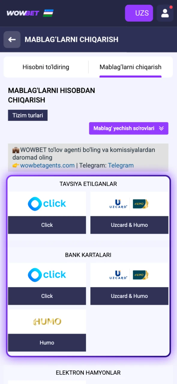 Mablag'larni olish uchun qulay Wowbet pulni yechib olish usulini belgilang.