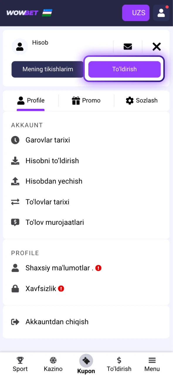 Asosiy menyudagi kassir bo'limiga o'tib Wowbet pulni yechib olishni tanlang.